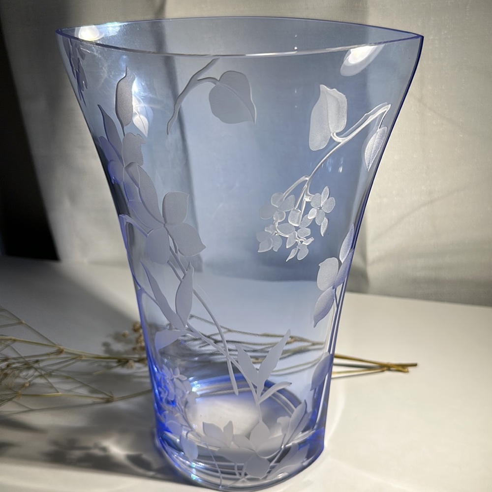 Vintage Mikasa Blue & Clear Glass Vase with Floral Etchings